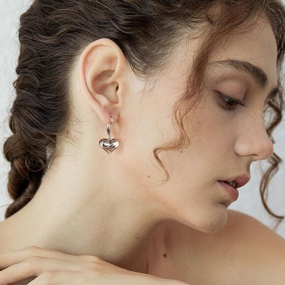 Silver Puffed Heart Leverback Dangle Drop Hypoallergenic Earring for Women - Picture 5 of 7